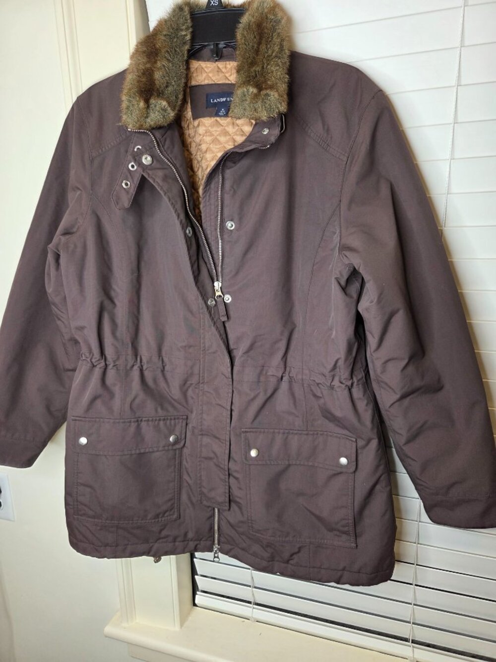 Lands End Womens Brown Parka Coat M 10-12 Faux Fur Collar Quilted Lining Nylon - Picture 2 of 10
